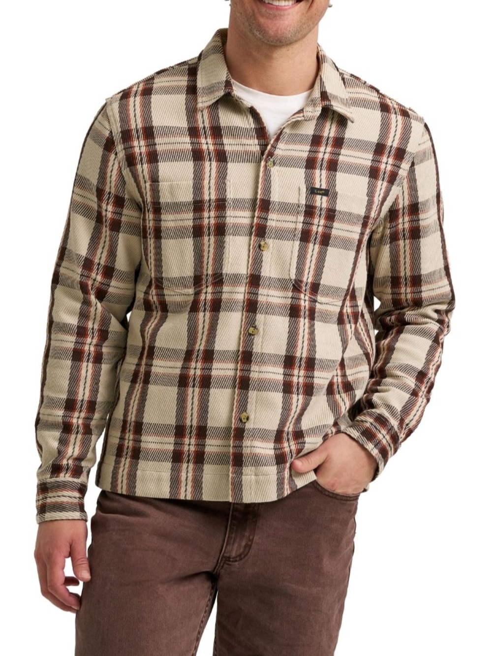 Lee Men's Cream and Brown Plaid Button-Down Overshirt